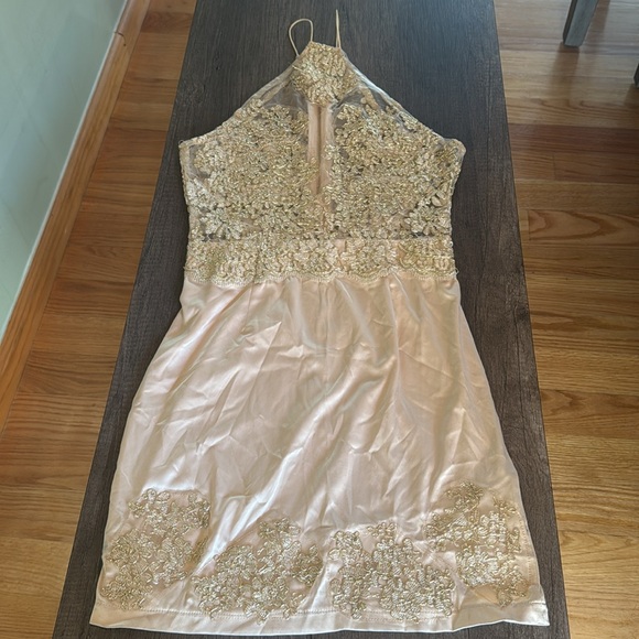 Luxxel Champagne Sheer Lace Satin Bodycon Mini Dress - Picture 2 of 11